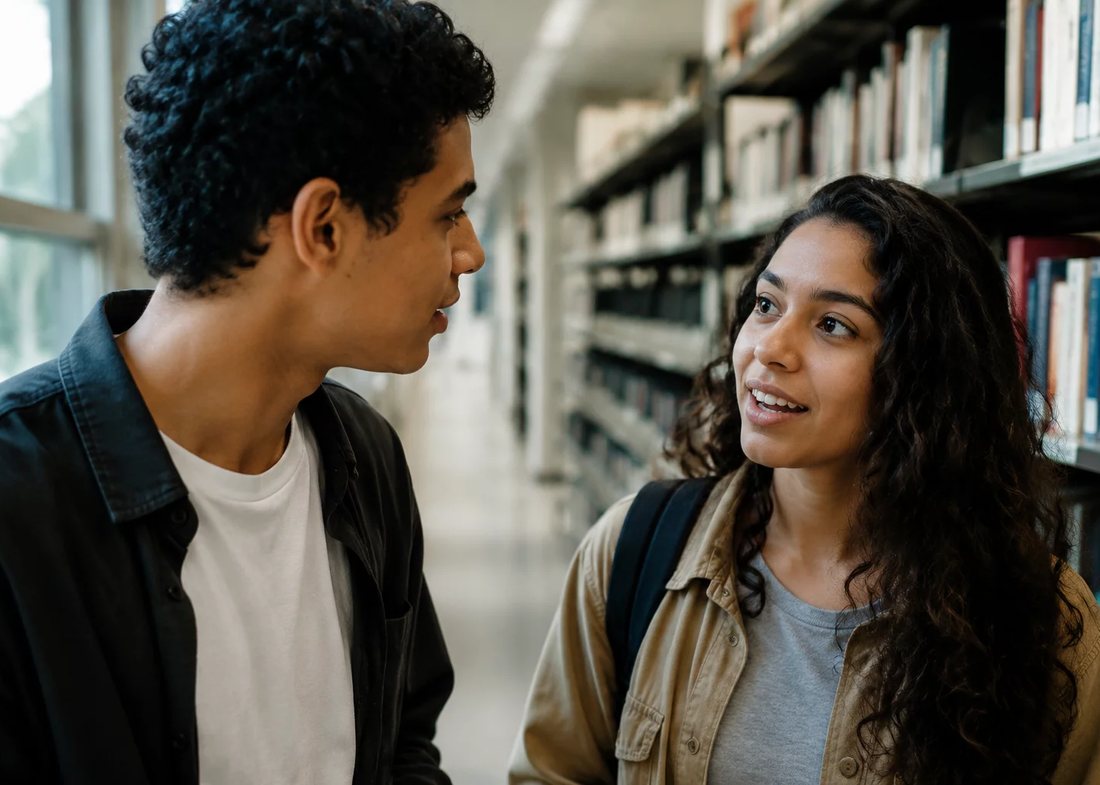 Participantes conversando em pé no corredor entre estantes de livros altas