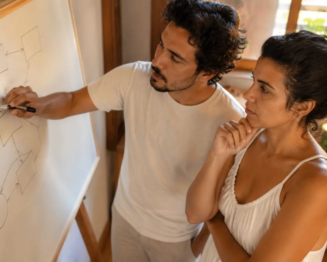 Duas pessoas em pé diante de um quadro branco onde um argumento está desenhado